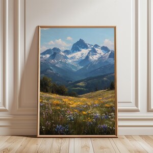 Cuadro imprimible de un majestuoso paisaje de montaña: vista alpina panorámica, arte mural de estilo cottagecore, pradera serena, decoración de descarga digital.
