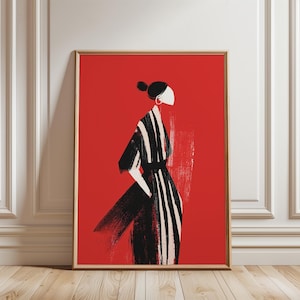 Printable Japandi Minimalist Female Figure Art - Modern Japanese Scandinavian Wall Decor, Striped Kimono, Graphic Digital Download Artwork