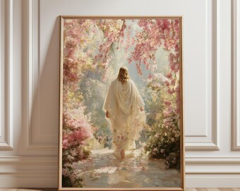 Paseo por el jardín estilo cottagecore imprimible: vestido romántico color crema, ilustración de estilo vintage, decoración primaveral en tonos pastel, arte digital de un sendero iluminado por el sol con Jesús.