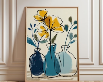 Lámina imprimible de trío floral amarillo - Estampado bohemio de mediados de siglo, decoración minimalista y alegre para la pared, descarga digital.