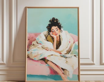 Cuadro abstracto acogedor de mujer en acuarela, tonos pastel, arte digital suave y femenino para pared, decoración moderna imprimible, descarga de arte romántico.