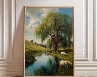 Cuadro imprimible de un sauce rústico junto a un arroyo: paisaje pastoral tranquilo, encanto campestre estilo cottagecore, arte de pared digital con tonos tierra.