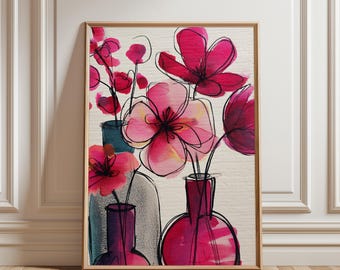 Diseño floral moderno para imprimir: Ramo de flores rosas intenso, jarrones estilo acuarela, decoración floral contemporánea, descarga instantánea.