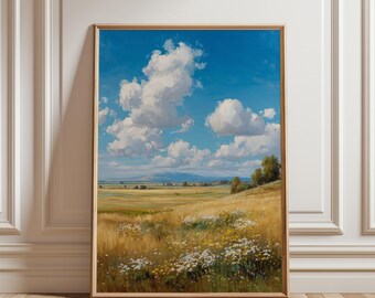 Lámina imprimible de pradera rústica primaveral: campo soleado de flores silvestres, paisaje de estilo vintage, decoración campestre cottagecore, descarga digital.