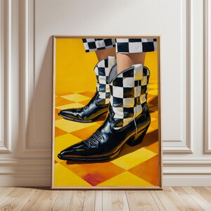 Stampa digitale di stivali da cowboy retrò - Audace design a scacchiera in bianco e nero, decorazione pop-art giocosa, download digitale western alla moda