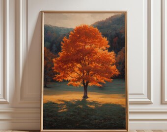 Lámina imprimible de arce rústico otoñal - Arte de paisaje otoñal de estilo vintage, decoración acogedora de estilo rústico, cálidos colores otoñales, descarga digital