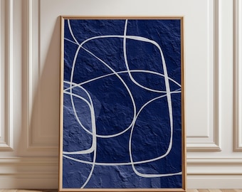 Cuadro abstracto minimalista azul marino para imprimir - Estilo moderno de mediados de siglo, lienzo texturizado, decoración escandinava, descarga digital instantánea