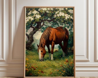 Cuadro de un caballo castaño pastando en un prado - Escena pastoral campestre, arte mural rústico y terroso para imprimir, arte digital campestre para descargar