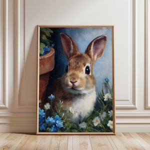 Charmant konijn en wilde bloemen afdrukbaar - vintage stijl cottagecore-kunst, rustieke terracottapot, digitale pastorale muurkunst downloaden