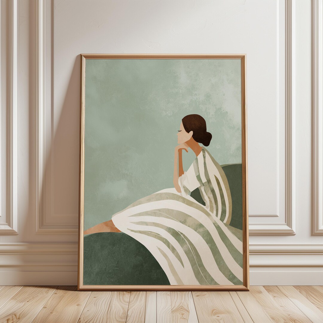 Minimalist Abstract Woman in Striped Dress - Modern Watercolor Wall Art ...
