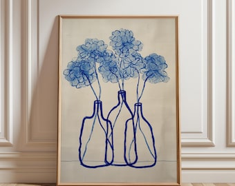 Arte floral azul moderno - Estilo minimalista escandinavo, estampado botánico costero, boceto de flores azules tranquilas, descarga de arte lineal digital
