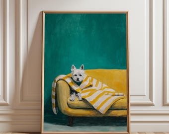 Cuadro decorativo imprimible de un acogedor perro terrier: una linda pintura de un perro bajo una manta a rayas, decoración moderna y colorida, descarga digital divertida, estilo contemporáneo.