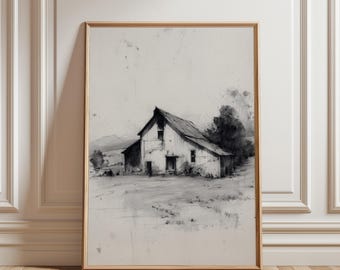 Lámina imprimible minimalista de granero rústico - Boceto de granja de estilo vintage, arte de pared en tonos neutros y melancólicos, decoración de paisaje campestre, descarga digital