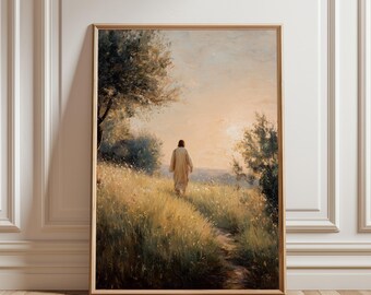 Ilustración imprimible de un amanecer pastoral en un prado: escena espiritual suave y luminosa, paseo sereno entre flores, estilo pintura al óleo. Descarga digital.