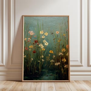 Imprimible de flores silvestres altas y melancólicas - Escena floral rústica estilo cottagecore, arte con caña texturizada, decoración campestre en tonos suaves, descarga de arte digital para pared