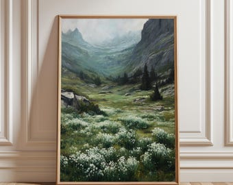 Cuadro rústico de pradera alpina para imprimir - Arte paisajístico impresionista, vista de montaña melancólica, decoración cottagecore. Descarga digital para imprimir.