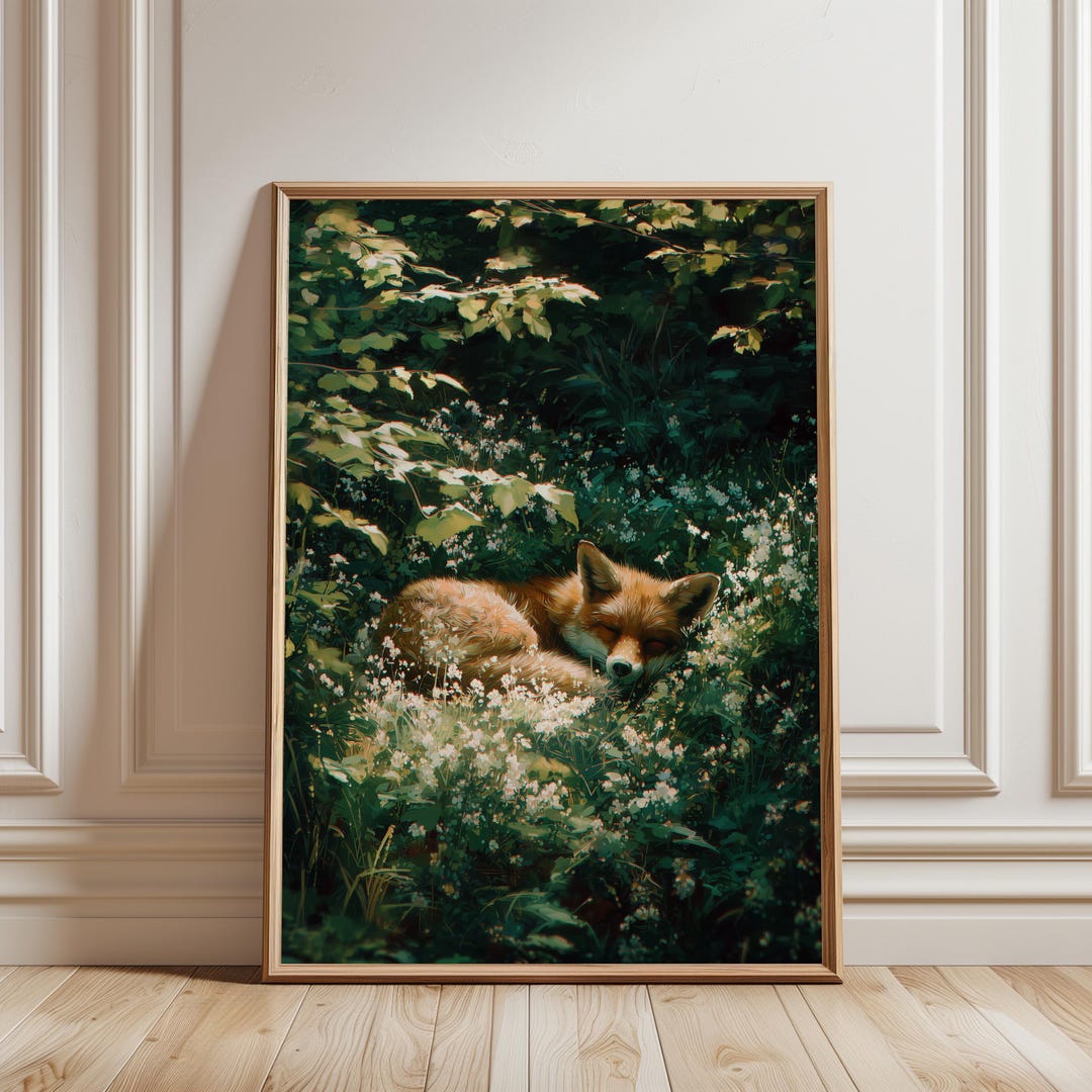 Printable Sleeping Fox in Spring Wildflowers - Cozy Woodland Art ...