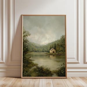 Rustic Stone Cottage by Lake - Moody Landscape Art, Printable Nostalgic Cottagecore Decor, Digital Download, Serene Forest Scene
