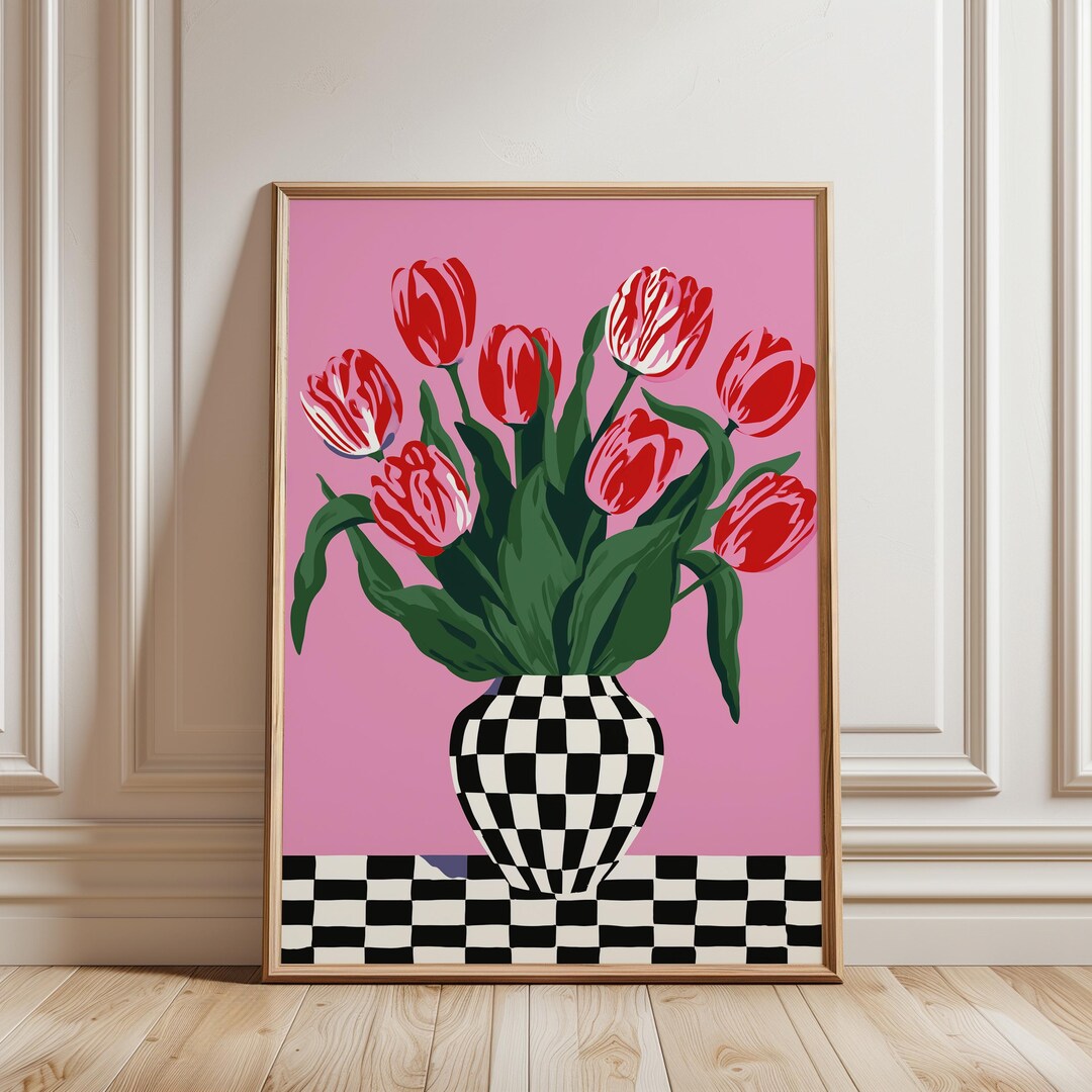 Printable Tulip Bouquet in Checkered Vase - Modern Pop Art Wall Decor ...