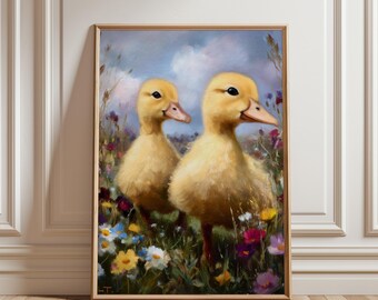 Patitos estilo Cottagecore para imprimir - Lindo arte pastoral con esponjosos patitos amarillos, acogedora escena de pradera, decoración de inspiración vintage, descarga digital