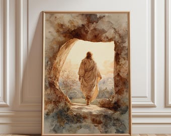 Pintura de Cristo resucitado en acuarela - Arte mural espiritual, decoración inspiradora con tonos tierra, lámina imprimible de estilo vintage, escena de un amanecer sereno