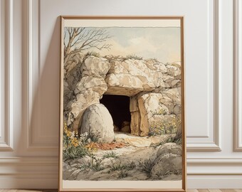 Arte imprimible de tumba de piedra rústica - Pintura de entrada de cueva con ambiente melancólico, rocas naturales y flora, descarga de arte digital para pared de inspiración vintage