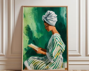 Mujer abstracta leyendo con turbante blanco - Arte en acuarela imprimible, decoración minimalista moderna, arte de pared acogedor, descarga digital elegante
