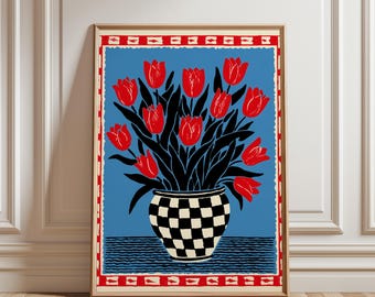 Impresionante ramo de tulipanes para pared - Estilo pop art, flores retro con gráficos, tulipanes rojos en jarrón a cuadros, imprimible a todo color, descarga digital