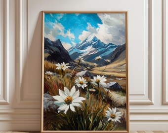 Lámina imprimible de arte impresionista de pradera alpina - Escena campestre de estilo vintage con margaritas, paisaje rústico, descarga de arte digital para pared