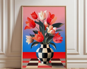 Ramo de tulipanes coloridos estilo pop art - Arte mural moderno para imprimir, ilustración floral digital llamativa, decoración floral de inspiración retro, descarga instantánea.