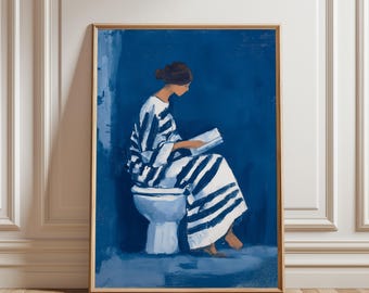 Mujer leyendo en un moderno cuadro abstracto costero - Arte imprimible estilo acuarela, decoración minimalista azul y blanca, descarga digital náutica serena