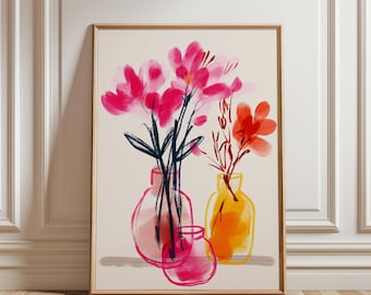 Láminas florales coloridas para imprimir: flores abstractas, ramo moderno en rosa y coral, decoración minimalista para el hogar, descarga digital.