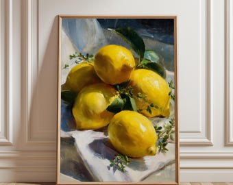 Bodegón rústico de limones y tomillo - Arte de cocina con cítricos de estilo campestre, decoración imprimible de limones frescos, descarga digital de estilo tradicional acogedor
