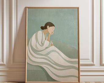 Arte imprimible de figura femenina abstracta neutra - Acuarela minimalista relajante, decoración moderna y acogedora, ilustración en verde salvia, descarga digital
