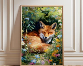Zorro rojo primaveral para imprimir estilo cottagecore - Pintura impresionista con flores silvestres y luz tamizada, decoración acogedora inspirada en la naturaleza, descarga digital.