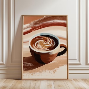 Arte abstracto imprimible de taza de café: estética acogedora de cafetería, tonos neutros cálidos, estilo moderno, decoración minimalista con toques naturales.