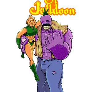 May include: Comic book cover featuring a purple, hairy, muscular character with a mustache and a green, mushroom-like character with a yellow and green outfit. The title of the comic is "The Exciting World of Jaldoon" and the tagline is "Fantasy Adventure Tales".