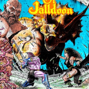 May include: A comic book cover with a colorful illustration of a dinosaur, a warrior, and a woman. The title of the comic is "The Exciting World of Jalldoon" and the tagline is "Fantasy Adventure Tales".