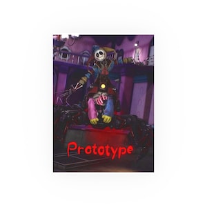 May include: A poster featuring a character with a skull-like face, wearing a blue and red outfit, riding a large black spider. The word "Prototype" is written in red at the bottom. The background is a dark, stylized environment.