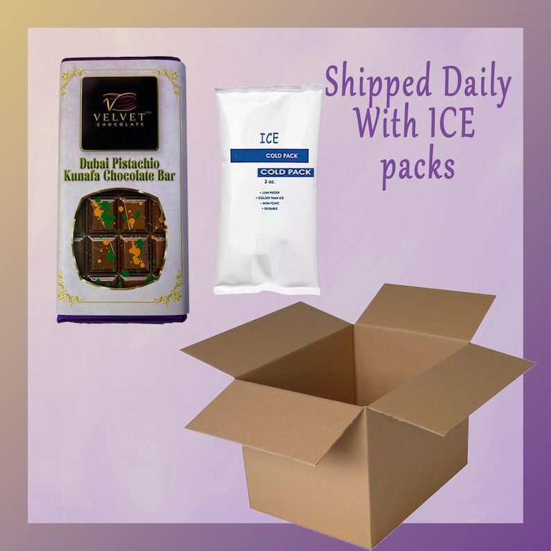 May include: A brown cardboard box with a white ice pack and a chocolate bar wrapped in purple and gold foil. The chocolate bar is labelled "Dubai Pistachio Kunafa Chocolate Bar" and "Velvet Chocolate". The text "Shipped Daily With ICE packs" is written in black text on a white background.