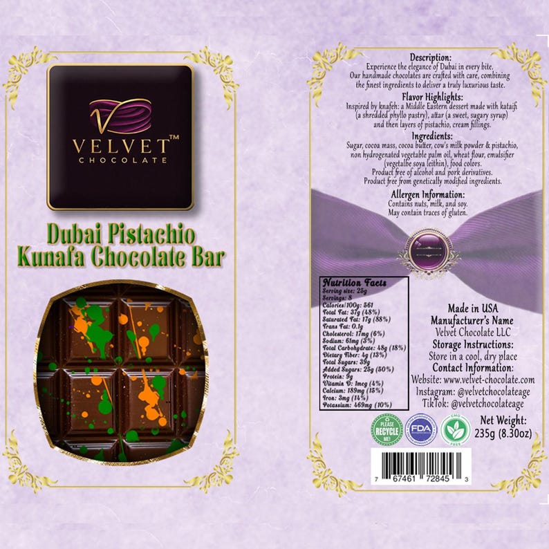 May include: A Dubai Pistachio Kunafa Chocolate Bar with green and orange paint splatters on top. The bar is 235g and is made in the USA. The packaging includes nutritional information and a description of the chocolate bar.