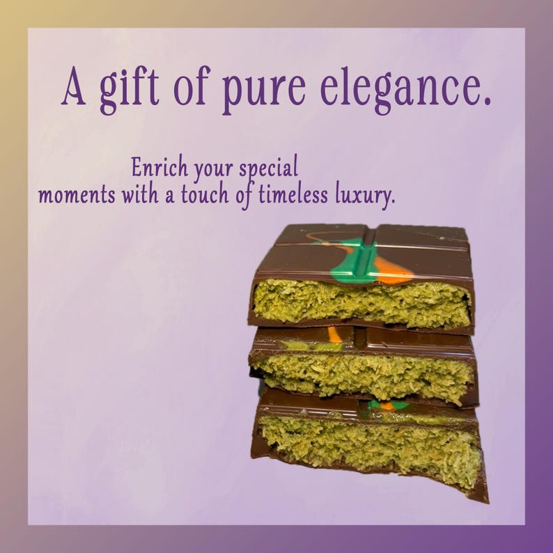 May include: A stack of four chocolate bars with green and orange swirls on top. The chocolate bars are broken in half, revealing a green matcha filling.