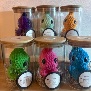 Op de afbeelding: Zes kleurrijke gehaakte octopus speelgoed in glazen potten met houten deksels. Elke octopus heeft een andere kleur: paars, groen, oranje, roze en blauw. Elke pot heeft een label met de tekst "W-o-Wisp".