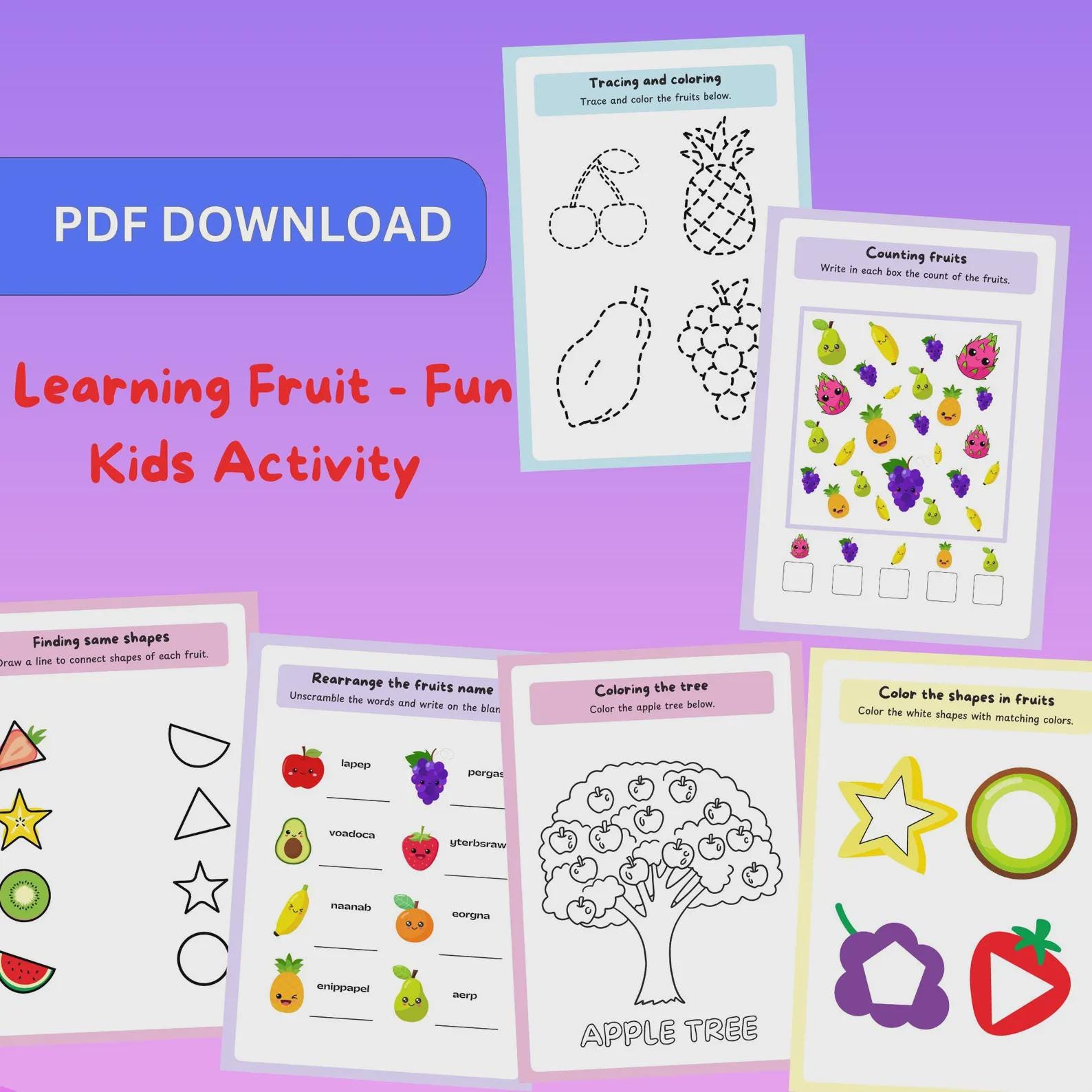 Friut Learning Fruits Worksheets for Kids: 20-page Printable Learning Activities (PDF ...