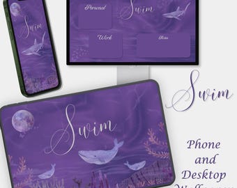 BTS inspiriert Schwimmen Wallpaper Set, Lila Ozean, Mondhai Wal Hintergrund, Telefon Desktop Tablet Wallpaper Bundle, digitaler Download