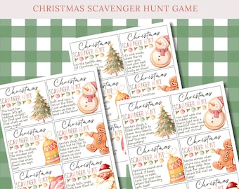 May include: A set of printable Christmas scavenger hunt cards with watercolor illustrations of a snowman, gingerbread man, and Christmas tree. The cards feature festive text with instructions for a Christmas scavenger hunt game.