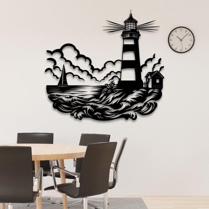 May include: Black and white silhouette wall art featuring a lighthouse, sailboat, and waves. The lighthouse has a striped design and is surrounded by clouds.