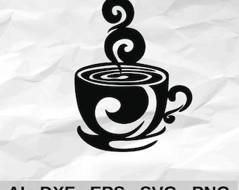 Coffee Cup with Swirling Steam Decorative Mug Kitchen Cafe Wall Decor cnc laser cutting file svg dxf