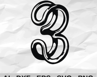 Number 3 Decorative Calligraphy Digit Ornate Swirl Numeral Wall Decor cnc laser cutting file svg dxf