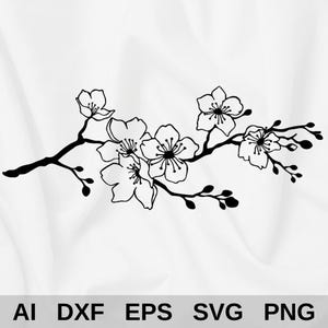 May include: A black and white illustration of a cherry blossom branch, featuring open flowers and buds. The branch curves across the image, with the flowers and buds in various stages of bloom. The image includes the file types: AI, DXF, EPS, SVG, and PNG.